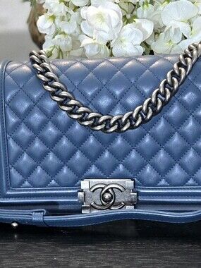 Chanel Boy Bag in Quilted Lambskin With Ruthenium Hardware Navy Blue Medium